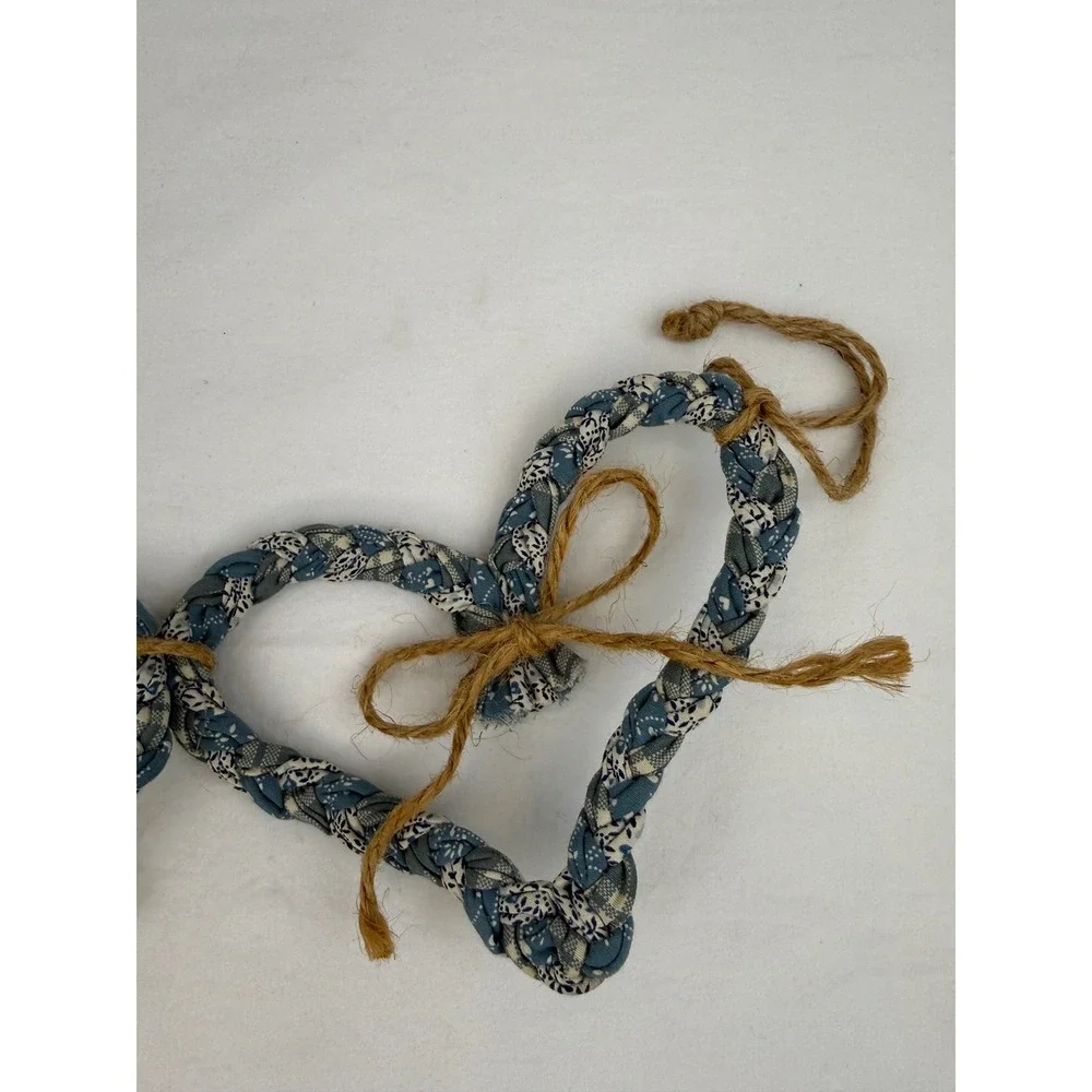 Handmade Braided Fabric Heart Garland‎ Blue White Calico Farmhouse Decor 19 Inch